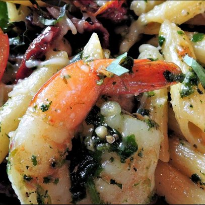 Penne mit Garnelen und frischen Kräutern